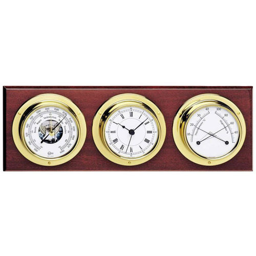 Barigo Weather Station with Barometer, Thermometer, Clock and Hygrometer on Mahogany Display